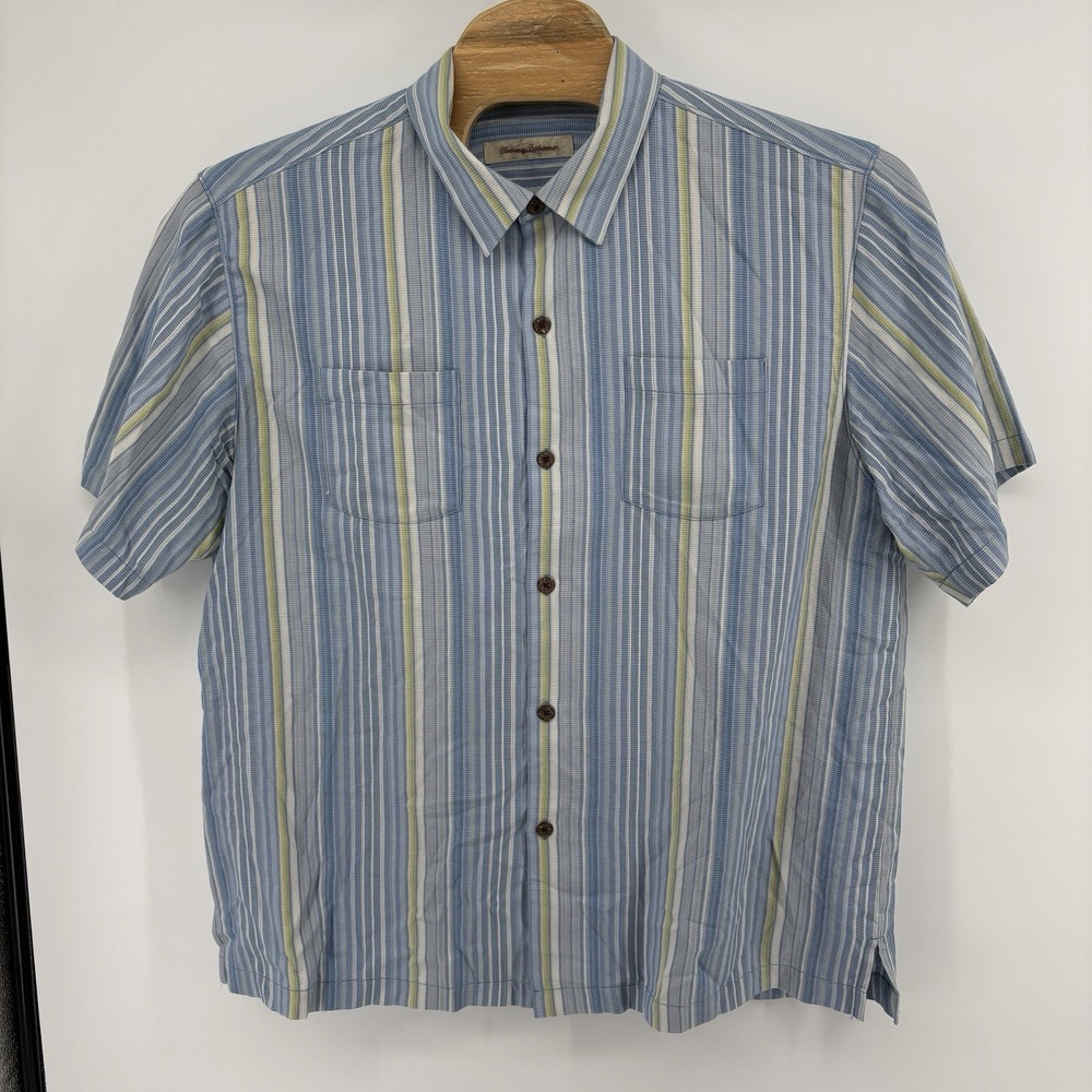 Tommy Bahama Shirt Mens XLarge Blue Yellow Striped 100% Silk Button Up Casual - Picture 2 of 12